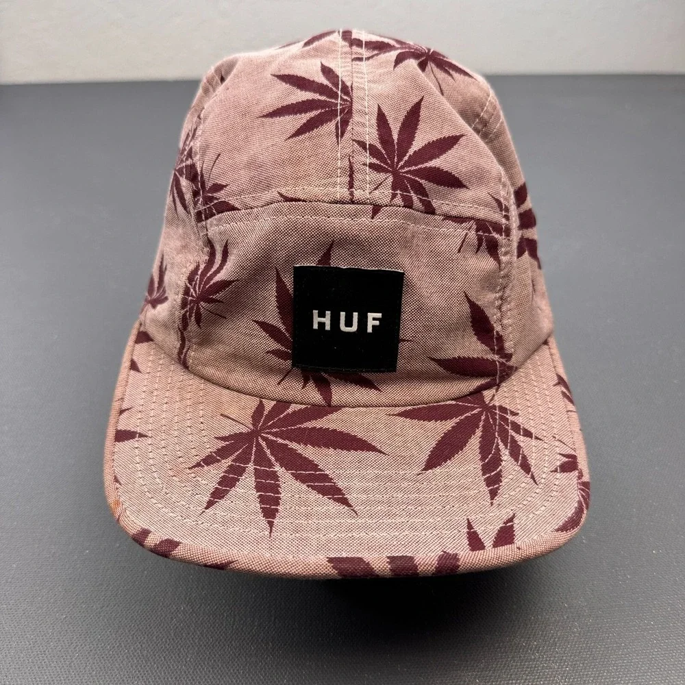 HUF 5 Panel Strapback Hat USA Leaf Print Maroon Pink Skate Streetwear Cap Y2K